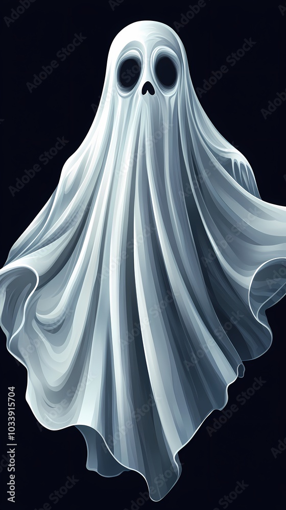 Eerie cartoon ghost illustration with large eyes and flowing white sheet. Eerie cartoon ghost illustration with large eyes and flowing white sheet.