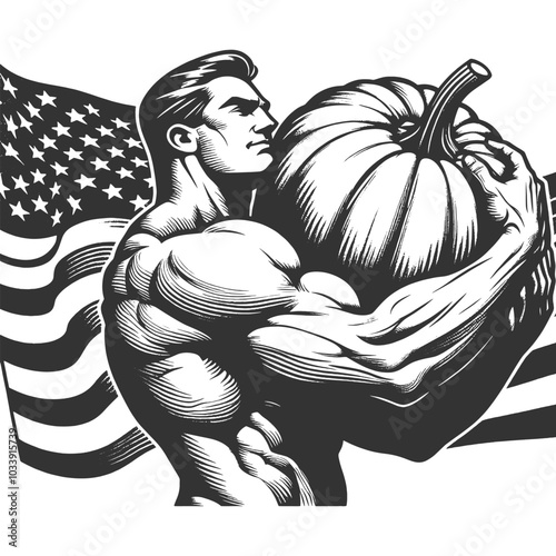 muscular man holding a giant pumpkin in embrace, symbolizing strength and harvest sketch engraving generative ai fictional character vector illustration. Scratch board imitation. Black and white image