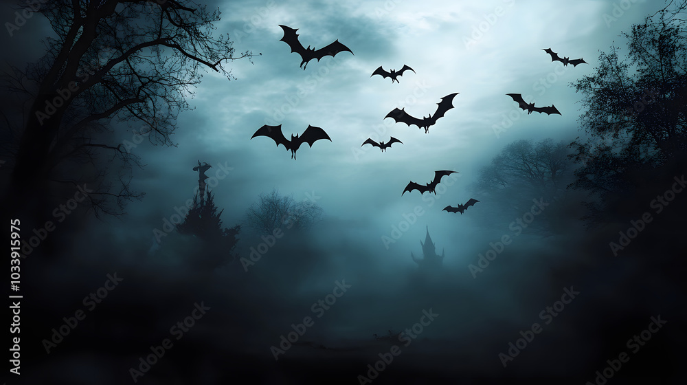 Fototapeta premium Silhouettes of bats flying in dark, spooky and foggy night, Halloween or Friday the 13th concept.