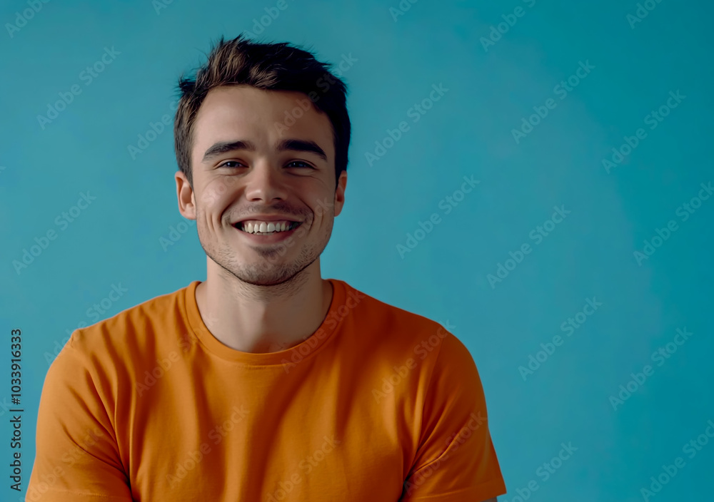 A man in an orange T-shirt smiles and looks at the camera, with a light blue background. A man in an orange T-shirt smiles and looks at the camera, with a light blue background.