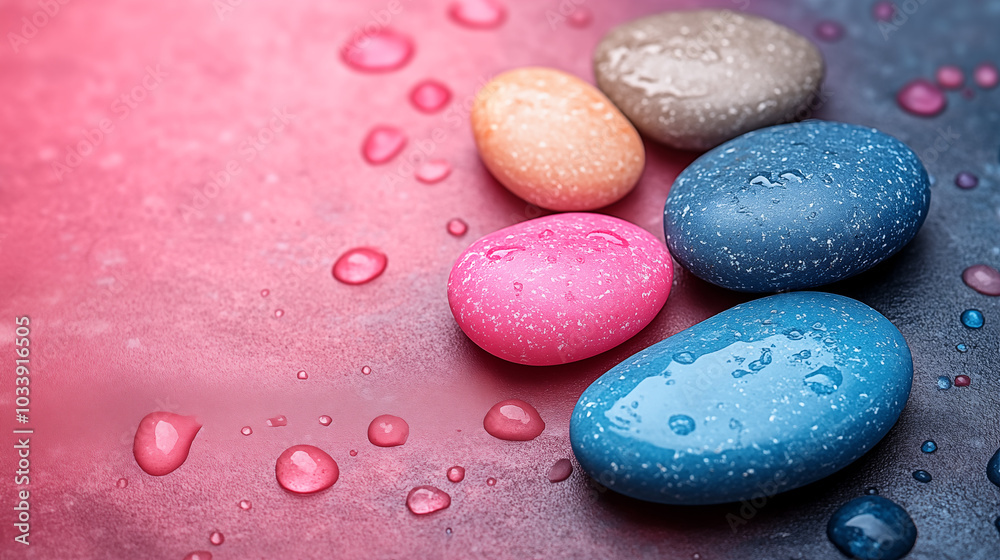 Spa stones with water drops on pink background with copy space. Spa stones with water drops on pink background with copy space.