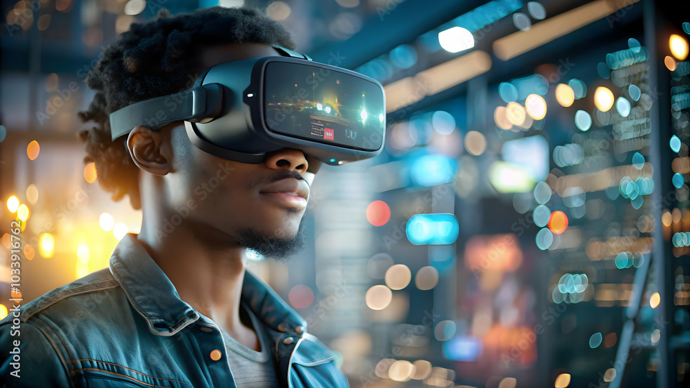 Multicultural Team Member in Macro Close-Up with Futuristic VR Headset Surrounded by Soft Abstract Background and Ample Copy Space for Text Overlays - Stock Photo Concept Multicultural Team Member in Macro Close-Up with Futuristic VR Headset Surrounded by Soft Abstract Background and Ample Copy Space for Text Overlays - Stock Photo Concept