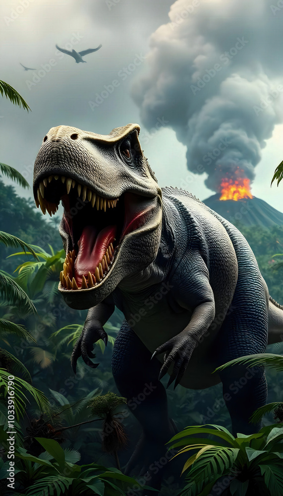 An ultra-realistic scene of a T-Rex roaring in a prehistoric landscape, surrounded by lush vegetation and dramatic lighting, capturing the essence of the dinosaur era An ultra-realistic scene of a T-Rex roaring in a prehistoric landscape, surrounded by lush vegetation and dramatic lighting, capturing the essence of the dinosaur era