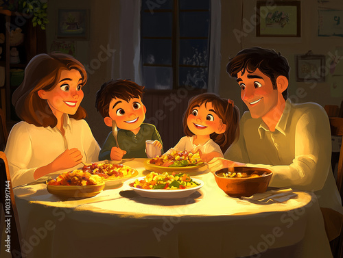 Family dining scene at a cozy dinner table.