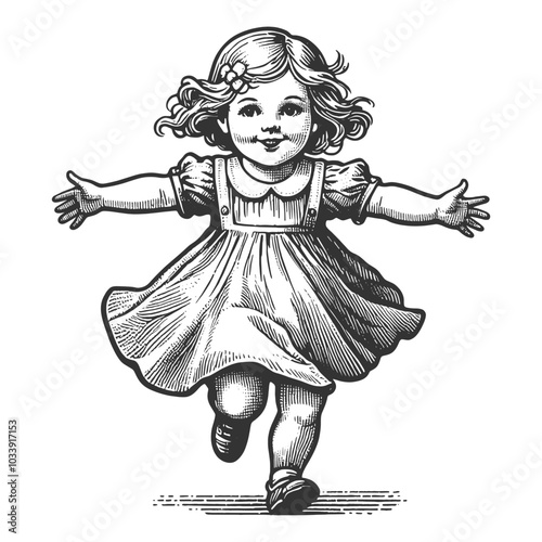 joyful little girl running with open arms, smiling and carefree, capturing the essence of childhood happiness and innocence sketch engraving generative ai vector illustration. Black and white image.
