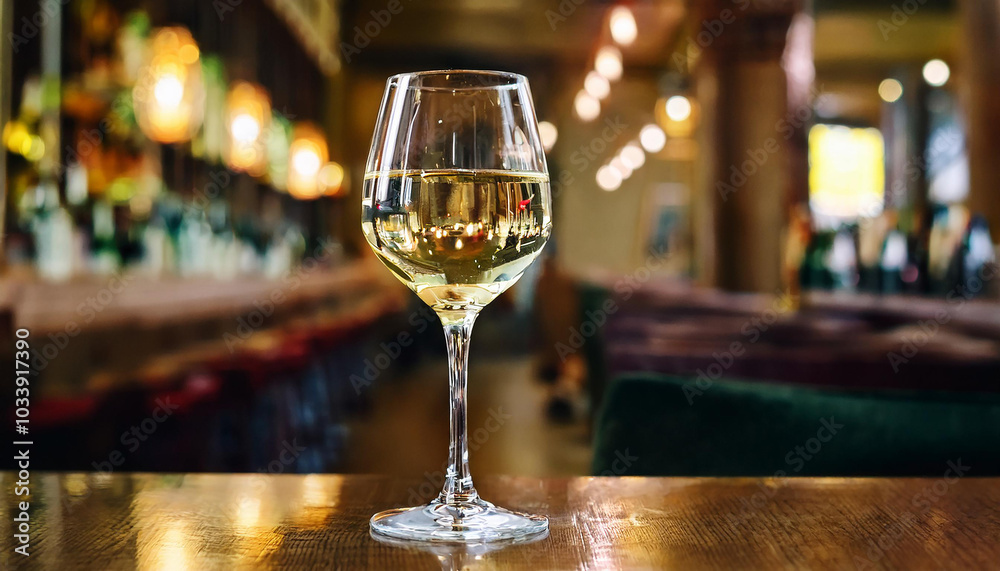 Glass of wine on bar table. Alcohol beverage. Blurred luxurious restaurant on backdrop. Glass of wine on bar table. Alcohol beverage. Blurred luxurious restaurant on backdrop.