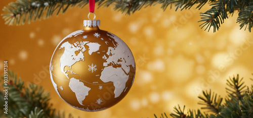 Golden christmas ornament shaped like earth hanging on pine tree branch