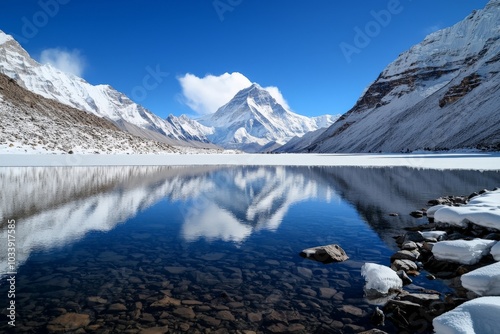 Mount Everest covered in a blanket of snow during winter, the scene serene and quiet, with soft white snow smoothing out the jagged rocks and the peak shrouded in clouds