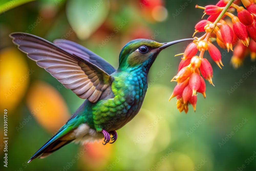 Fototapeta premium Hummingbird in flight feeding on red flowers in rainforest