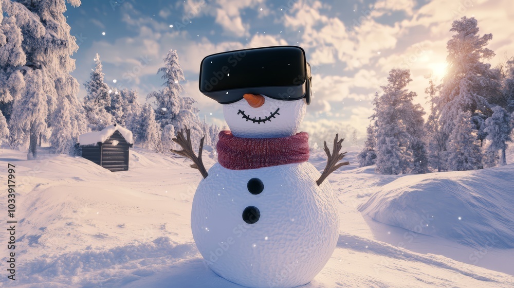 Fototapeta premium Snowman Wearing VR Headset in Winter Wonderland