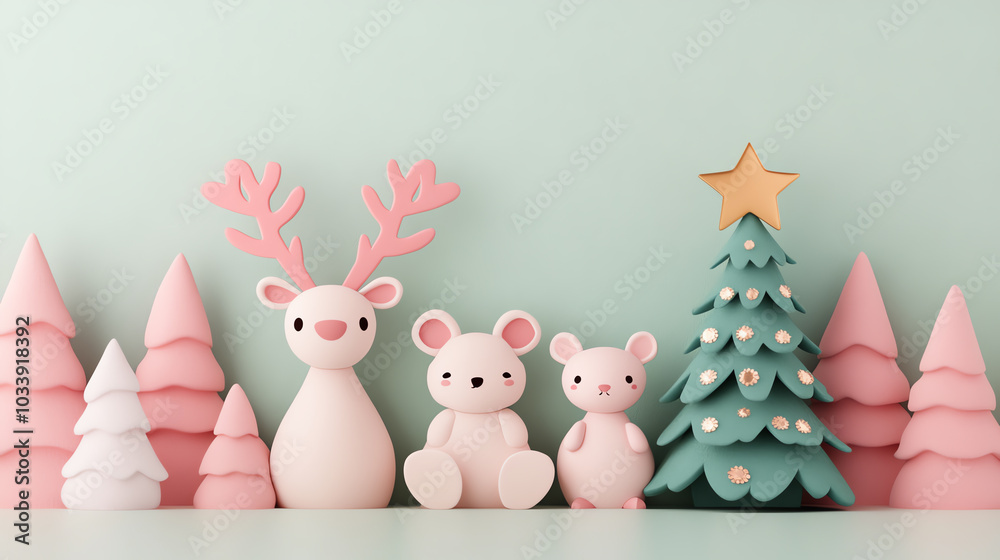 Fototapeta premium A charming holiday scene featuring cute pastel figurines of a deer, two bears, and a Christmas tree, set against a soft mint green background.