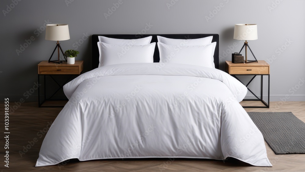 Realistic bed set mockup displaying a stylish bedding collection with soft fabric textures. Ideal for interior design projects and home decor promotions on a minimalistic backdrop