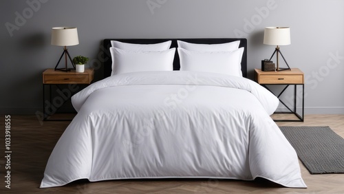 Obraz na płótnie Realistic bed set mockup displaying a stylish bedding collection with soft fabric textures. Ideal for interior design projects and home decor promotions on a minimalistic backdrop w salonie