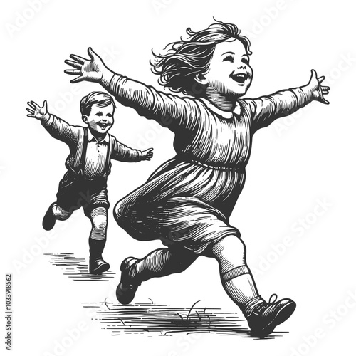 happy children running with open arms, capturing the essence of carefree childhood and playful joy sketch engraving generative ai vector illustration. Scratch board imitation. Black and white image.