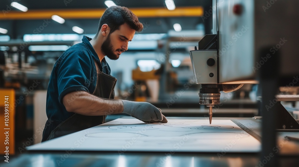 factory worker using a laser cutter to create precise shapes factory worker using a laser cutter to create precise shapes