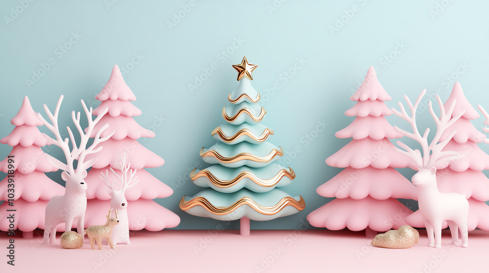A whimsical holiday scene featuring a pastel blue backdrop, a decorated Christmas tree, pink trees, and cute reindeer figurines. A whimsical holiday scene featuring a pastel blue backdrop, a decorated Christmas tree, pink trees, and cute reindeer figurines.