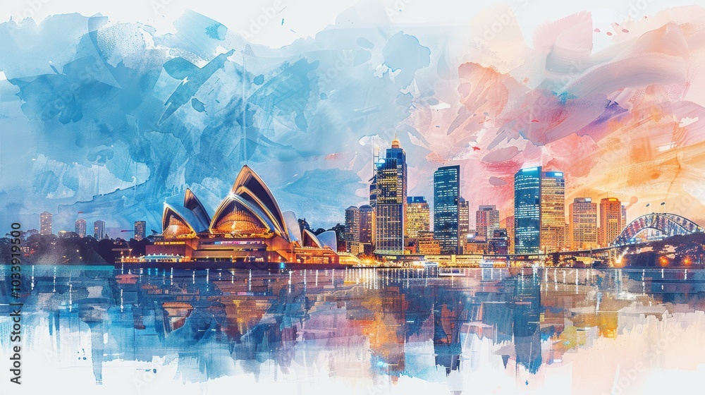 Fototapeta premium Watercolor Illustration of Cosmopolitan Sydney Skyline