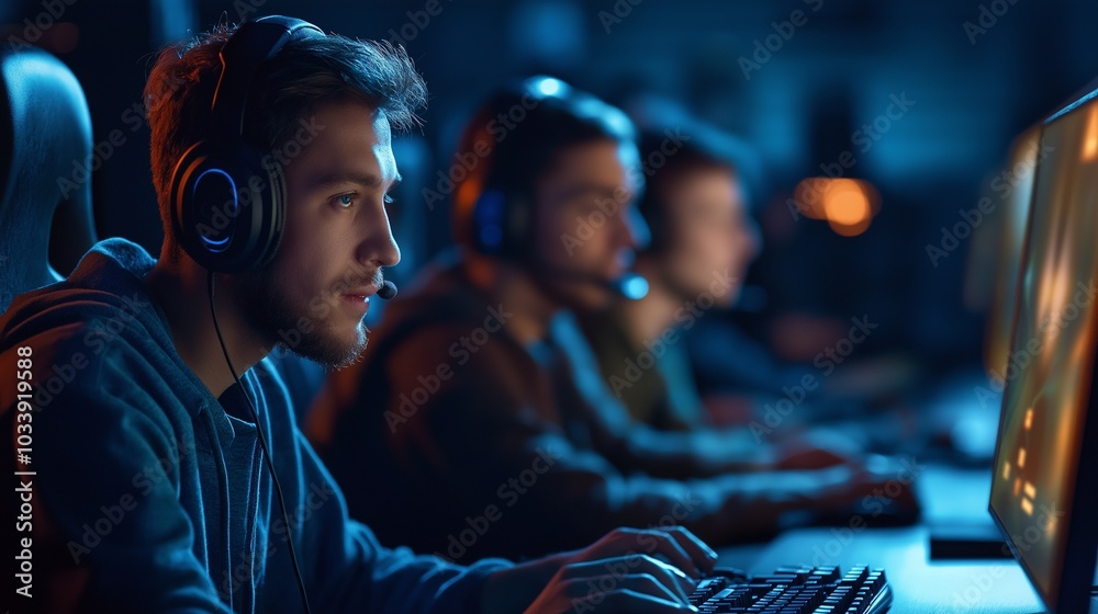 Gamers wearing communication headsets. Remote communication. Gamers wearing communication headsets. Remote communication.