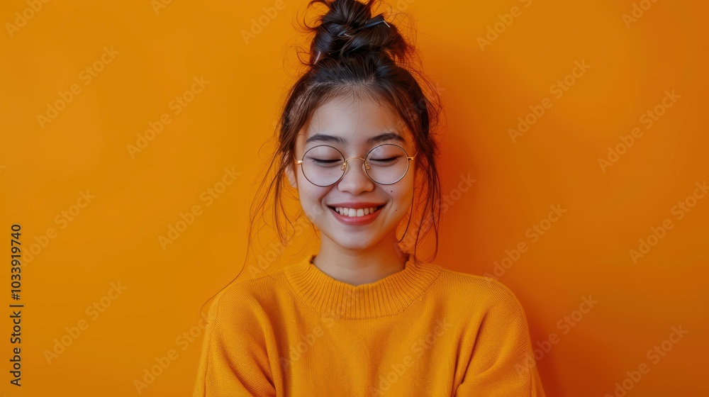 Joyful Teen Girl Giggling While Texting on Bright Background Joyful Teen Girl Giggling While Texting on Bright Background