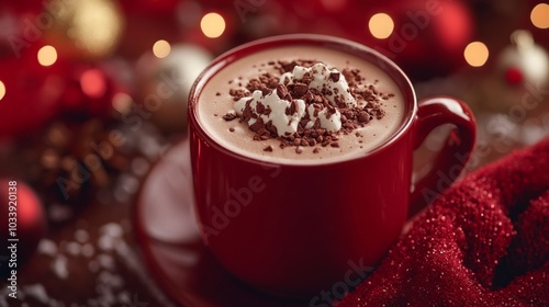 hot chocolate on a red table decorated for Christmas, ai generated