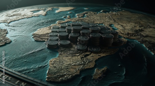Stacks of Coins on a Globe Map of the World