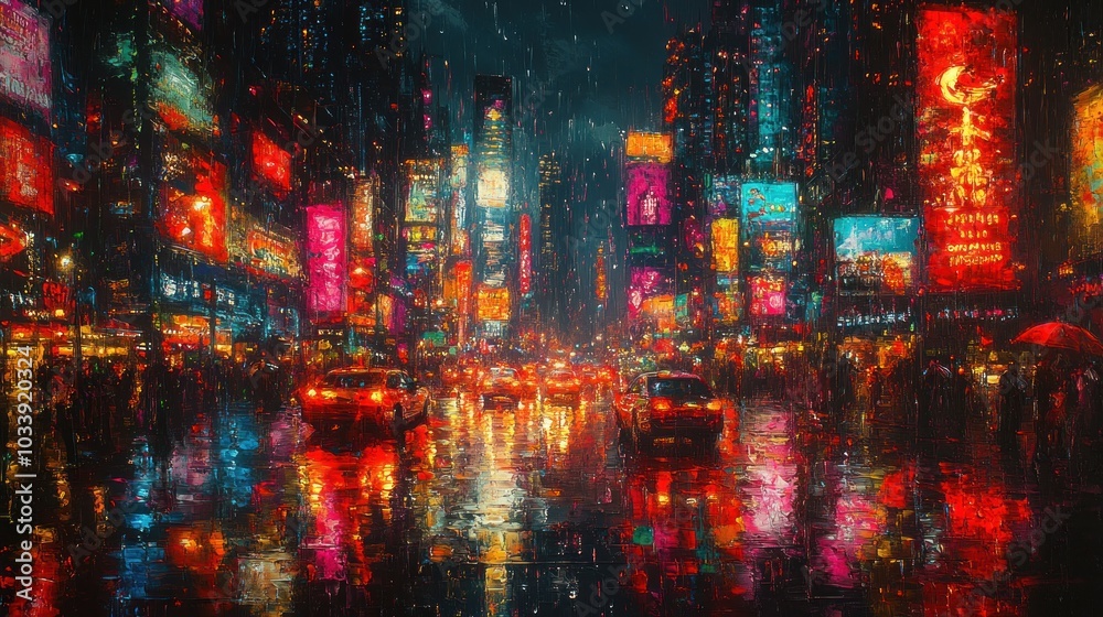 A vibrant cityscape illuminated by neon lights and rain reflections.