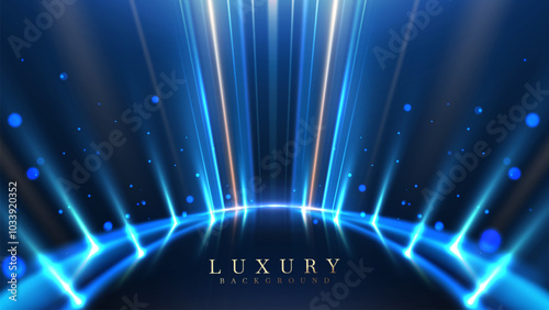 Dark blue stage background with neon lights and bright golden spotlights. Elegant style backdrop design concept. Vector illustration.