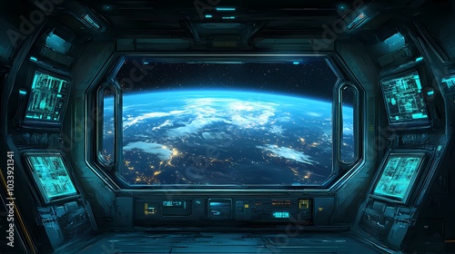Fototapeta Naklejka Na Ścianę i Meble -  Futuristic spaceship interior with a stunning view of Earth from space.