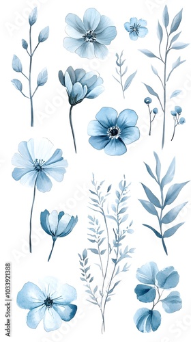 Watercolor blue flowers clip art set, vector illustration, simple and clean, white background