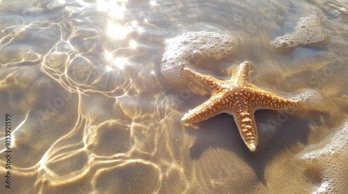 Serene Seashore Scene: Starfish and Seashell in Shallow Waters with Soft Sunlight and Gentle Waves on Sandy Beach