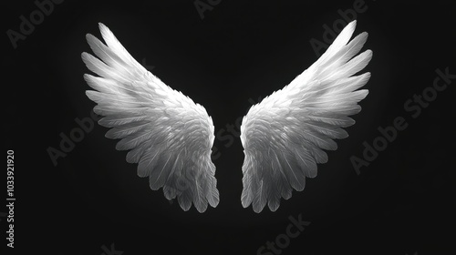 Ethereal Angel Wings: Illuminated Feathers on Black Background