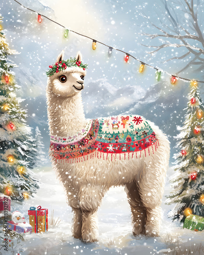 fluffy alpaca wearing colorful Christmas sweater stands in snowy landscape, surrounded by festive trees and decorations. cheerful atmosphere is enhanced by twinkling lights and presents