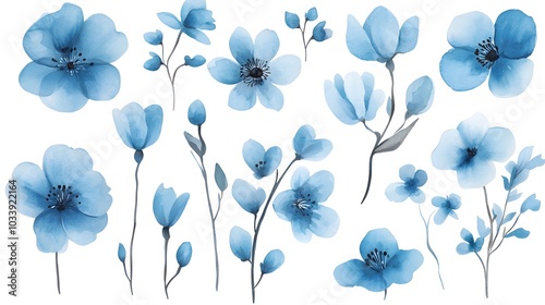 Watercolor blue flowers clip art set, vector illustration, simple and clean, white background