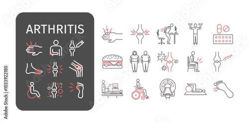 Rheumatoid Arthritis symptoms, diagnostic and treatment. Line editable medical icons.