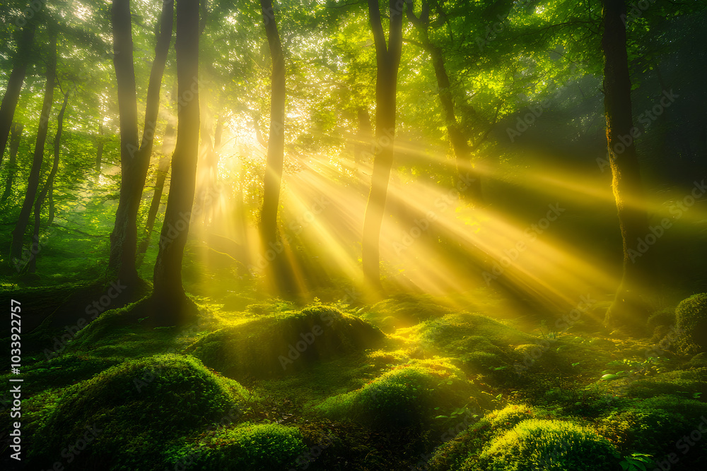 Obraz premium serene forest scene at sunrise, where golden light filters through lush green trees, creating magical atmosphere. soft glow illuminates mossy ground, enhancing tranquil beauty of nature