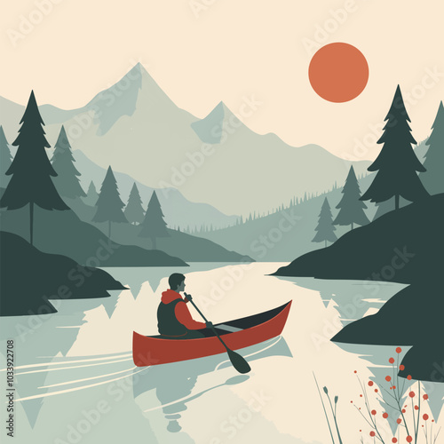 Serene Canoeing in a Mountain Lake