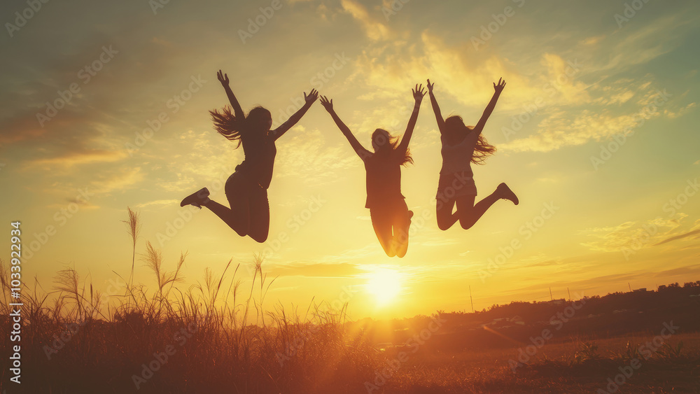 Group of people jumping in the air at sunset. Group of people jumping in the air at sunset.