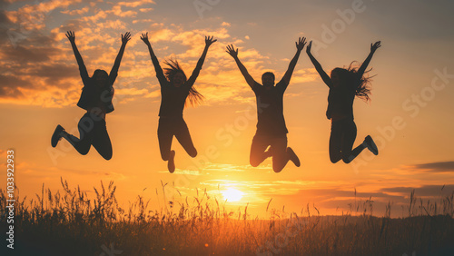 Group of people jumping in the air at sunset.