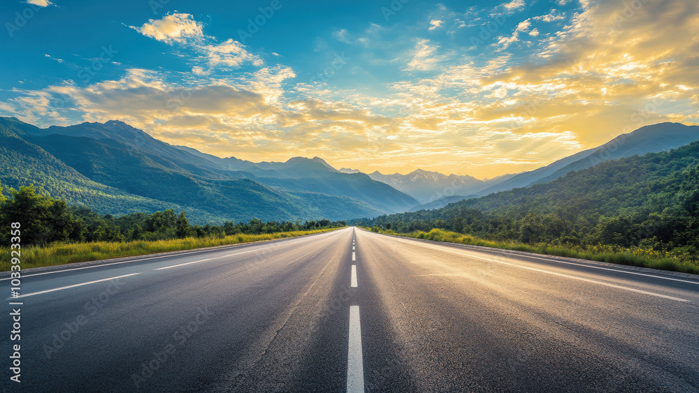 Naklejka premium A long, straight road leading towards a mountain range at sunset.