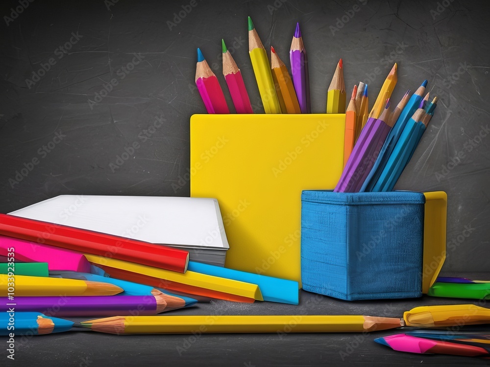 Fototapeta premium Back to school concept, Education and reading Various stationery school supplies on a dark background
