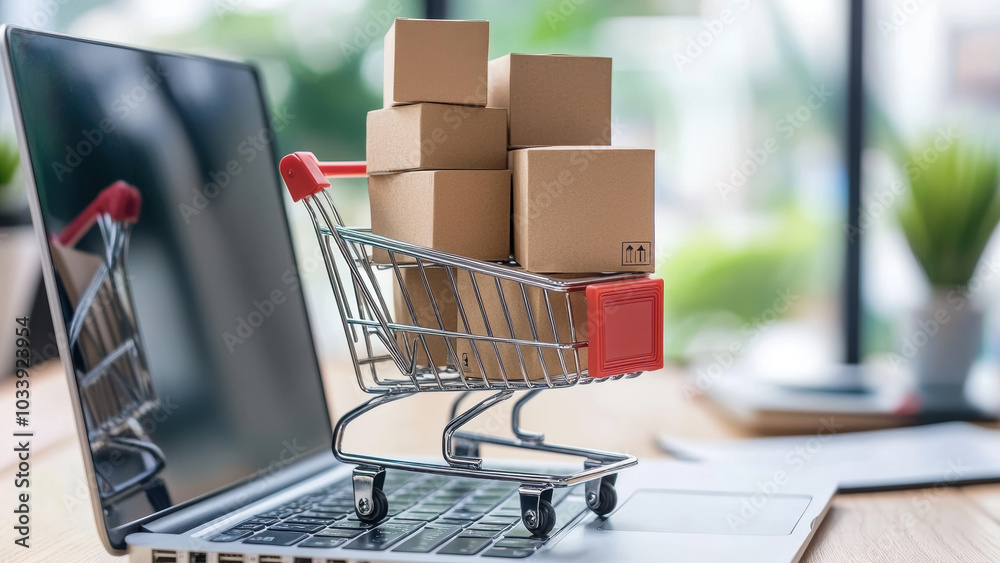 Miniature shopping cart filled with boxes on a laptop. Miniature shopping cart filled with boxes on a laptop.