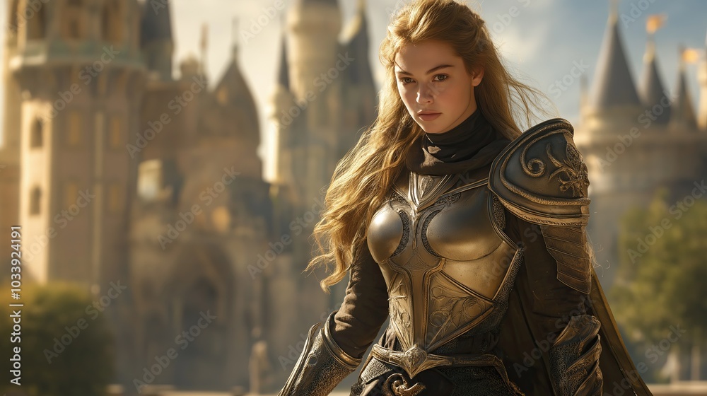 Fototapeta premium Girl in medieval armor near the castle.