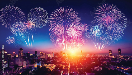 fireworks night sky with a city in the background photo