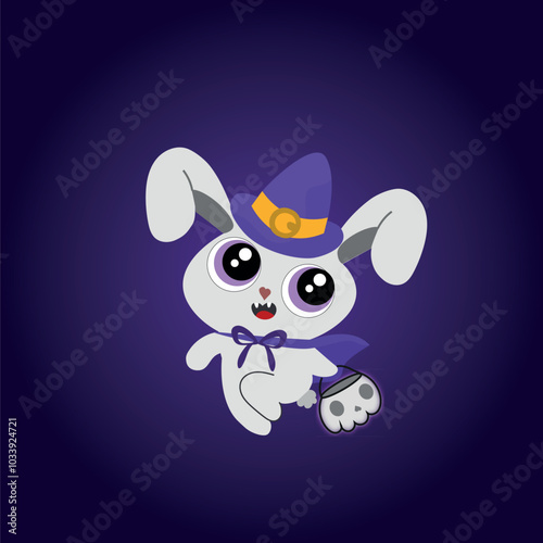 Adorable Witch Rabbit in a Halloween Costume with Purple Hat and Cape