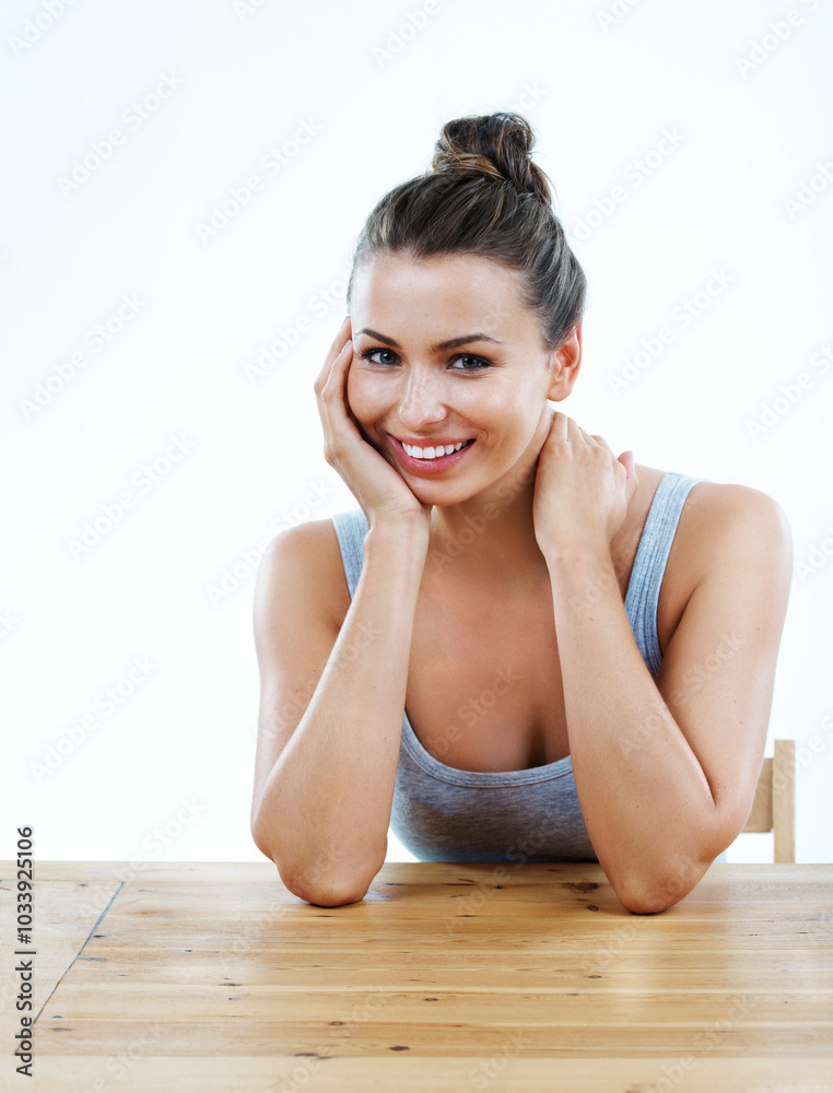 Woman, portrait and skincare at table in studio, dermatology and white background for grooming. Female person, smooth skin and facial treatment results at sustainable beauty salon, soft and cosmetics Woman, portrait and skincare at table in studio, dermatology and white background for grooming. Female person, smooth skin and facial treatment results at sustainable beauty salon, soft and cosmetics