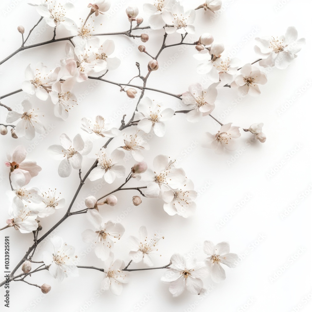 Delicate Spring Blossoms - Pastel Flowers on Branches Against White Background Evoking Seasonal Serenity Delicate Spring Blossoms - Pastel Flowers on Branches Against White Background Evoking Seasonal Serenity