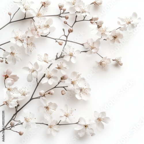 Delicate Spring Blossoms - Pastel Flowers on Branches Against White Background Evoking Seasonal Serenity
