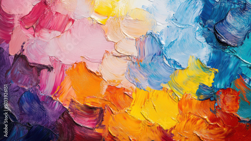 Vibrant abstract painting with thick, colorful brushstrokes.