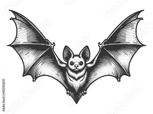 bat flying with its wings fully spread, intricate wing structure in a classic engraving style sketch engraving generative ai vector illustration. Scratch board imitation. Black and white image.