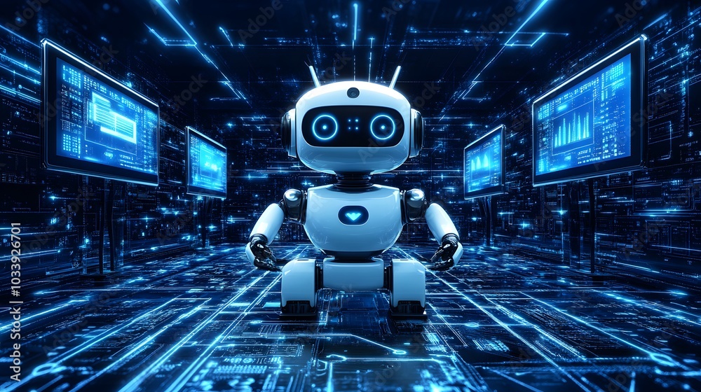 Fototapeta premium AI robot automating tasks in a smart home environment, connecting devices and managing daily routines
